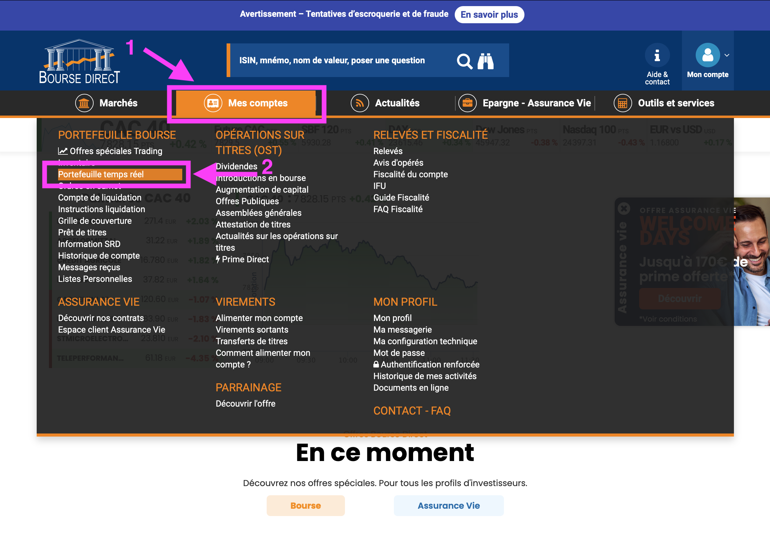 Navigation du menu Bourse Direct