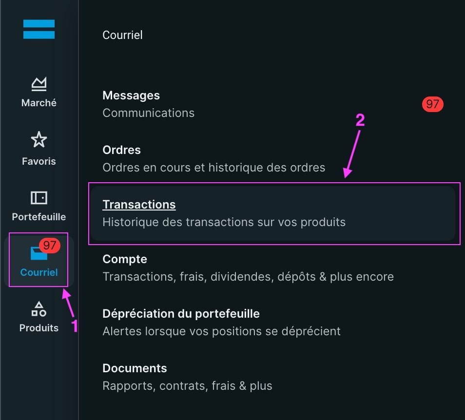 Navigation du menu Degiro