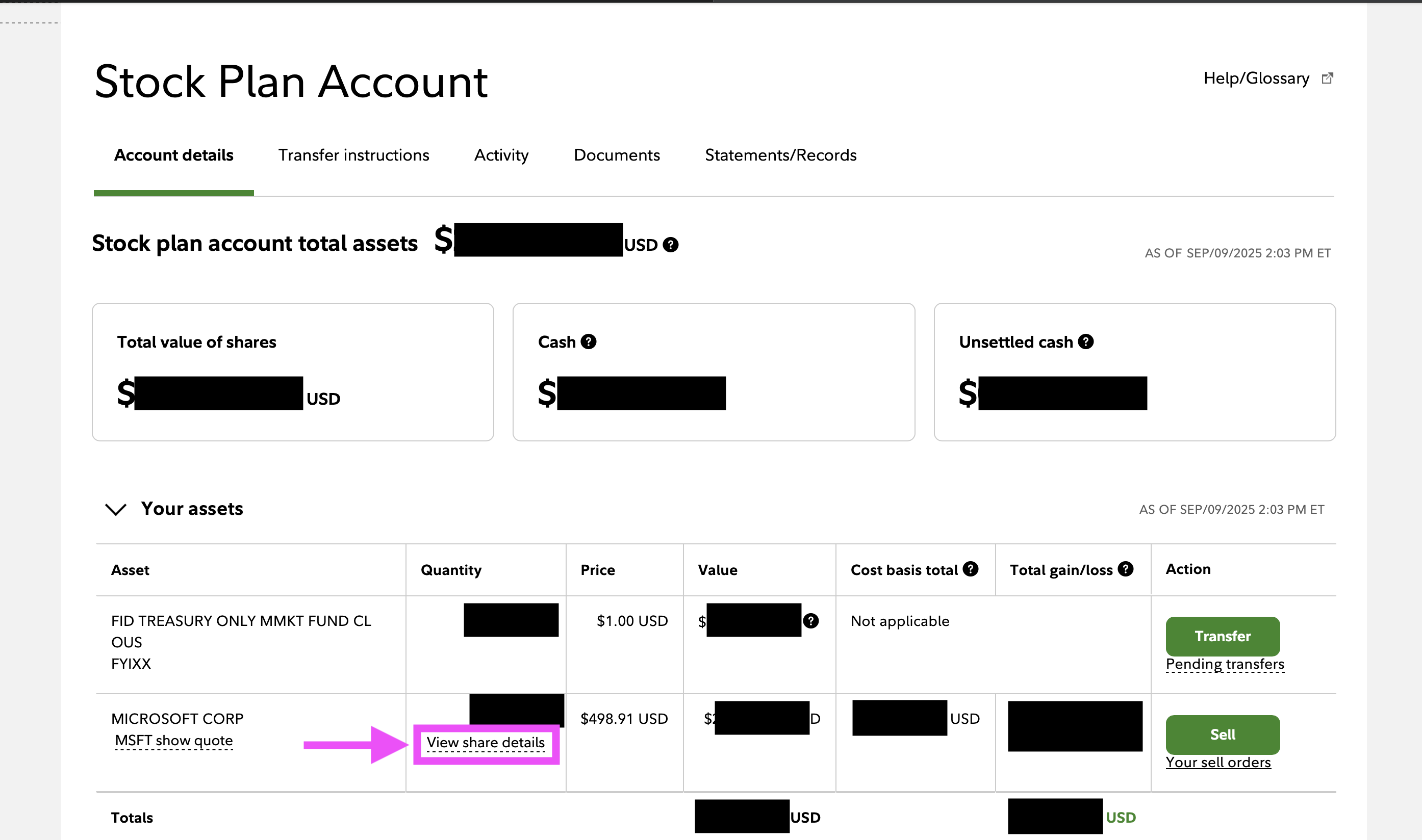 Tableau des actifs du plan d'actions Fidelity